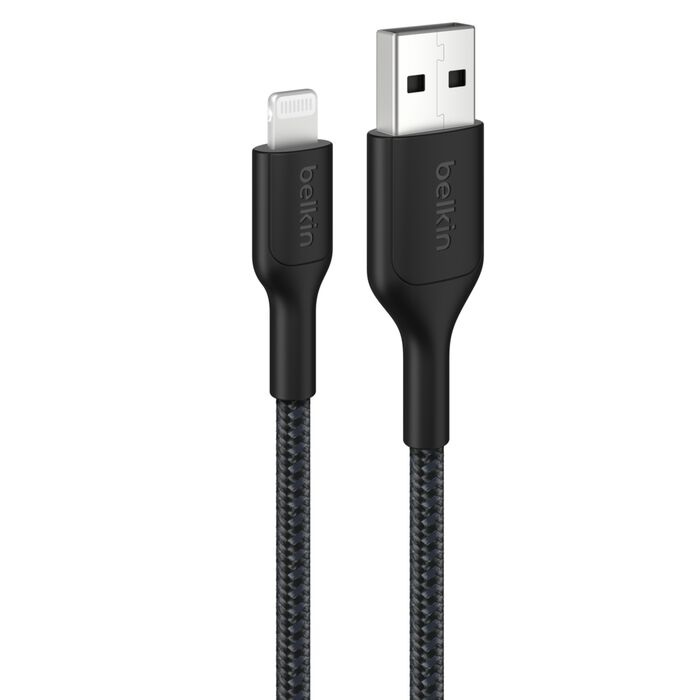 MPA-CAA020FQ2MBK Belkin BoostCharge Pro Braided Lightning to USB-A Cable (2M) - Black (CAA020FQ2MBK), 2.4A/15W, 480Mbps, 350K Bends, MFI-Certified, 2 Years Warranty