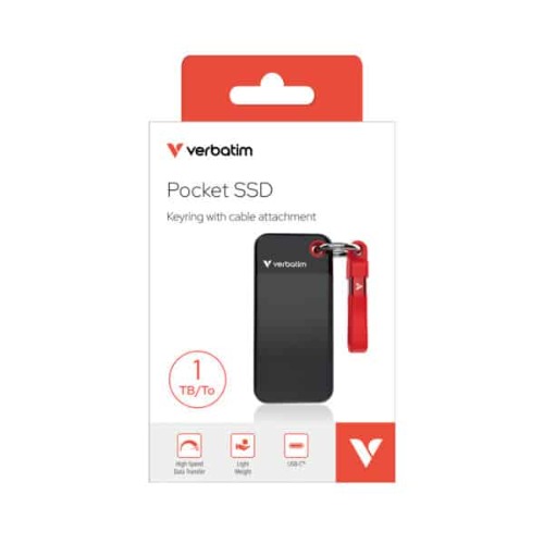 HXV-1TBBKRD Verbatim 1TB Pocket SSD USB 3.2 Gen 2 1TB Black Red Convenient Keyring cable holder. Compact, Rugged. Ultra Lightweight Performance 58g Portable B