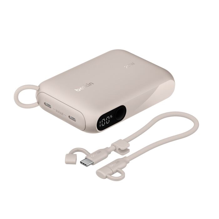 MPA-BPB027FQSD Belkin BoostCharge 10K mAh Power Bank with Display w/ Integrated USB-C Cable 60W(15cm)- Sand(BPB027fqSD),2xUSB-C(20W), $2500 CEW, 2 Years Warranty