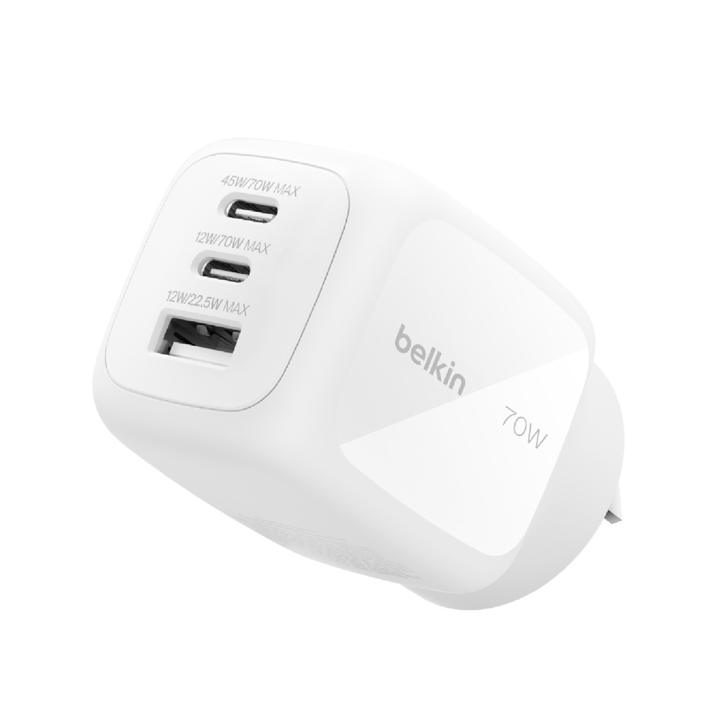 MPA-WCH018AUWH Belkin BoostCharge Pro 70W 3-Port GaN Wall Charger - White (WCH018AUWH), Compact & Powerful, Laptop Charger, Travel-Ready, $2500 CEW,2 Years Warranty