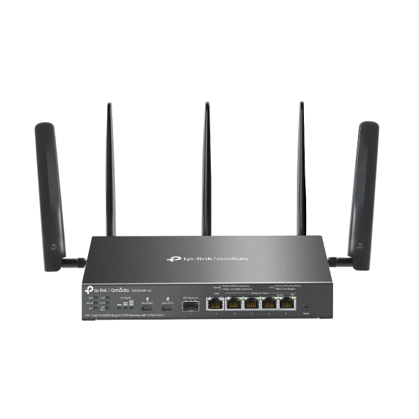 NWTL-ER706WP-4G TP-Link ER706WP-4G Omada 4G+ Cat6 AX3000 Gigabit VPN Gateway with 4-Port PoE+, 574Mbps at 2.4 GHz + 2402 Mbps at 5 GHz (HE160) Wi-Fi Speed, 300 Mbps D