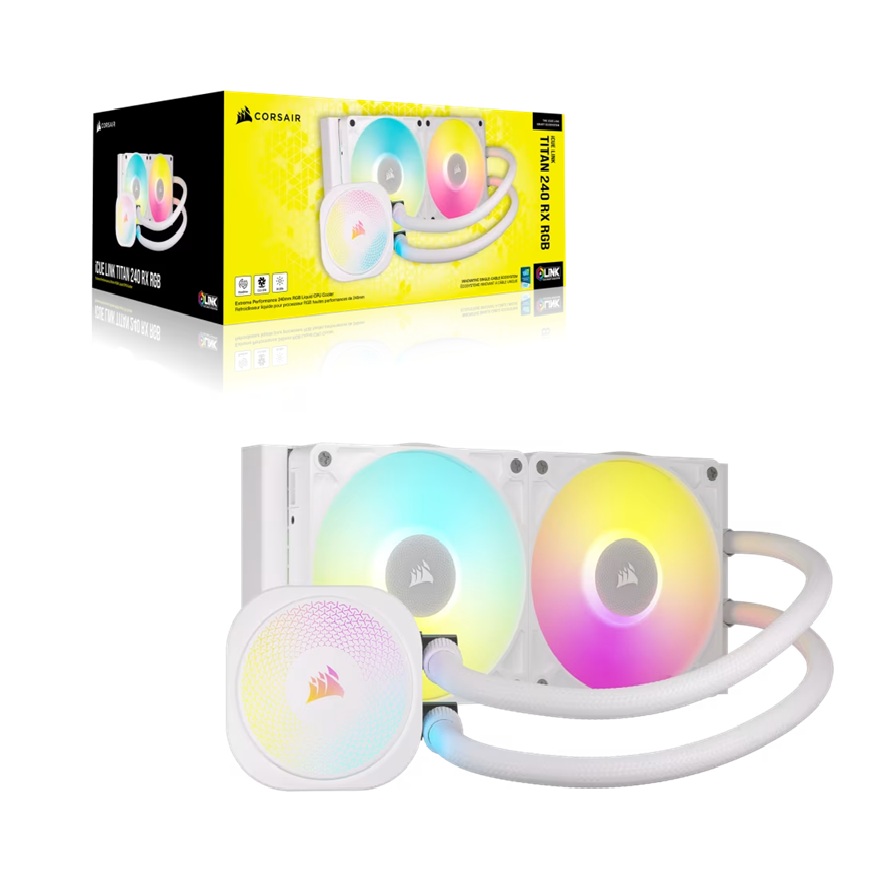 CFCW-TITAN240RXRGB-WH Corsair iCUE LINK TITAN 240 RX RGB AIO Liquid CPU Cooler - White, 73.5 CFM, 2100 RPM, Aluminum Radiator, Copper Cold Plate, Intel/AMD Support
