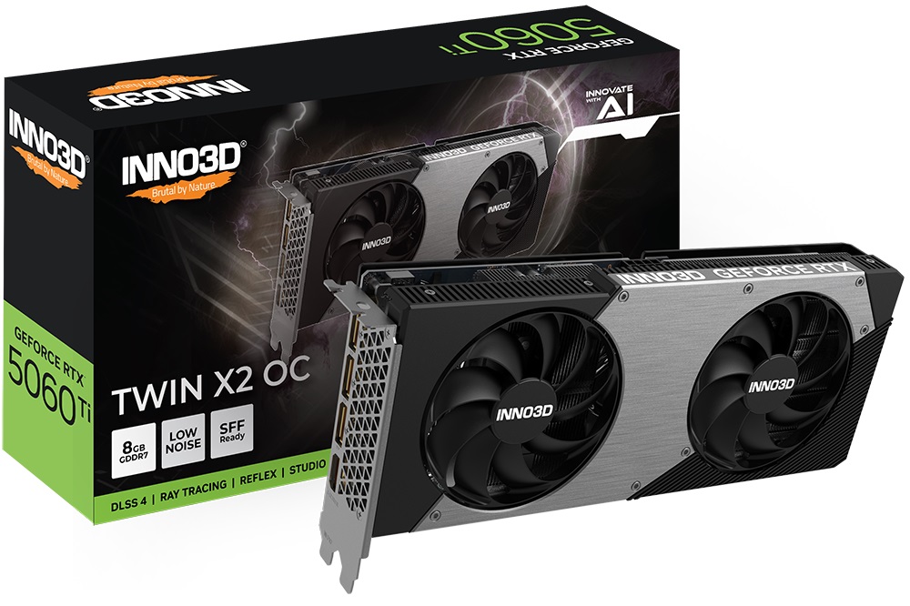 [VCI-RTX5060TI-TWX28-O] VCI-RTX5060TI-TWX28-O INNO3D nVidia GeForce RTX 5060 Ti TWIN X2 OC 8GB GDDR7, 2602MHz Boost Clock, RAM 28Gbps, 3xDP, 1xHDMI, 250x116x41mm