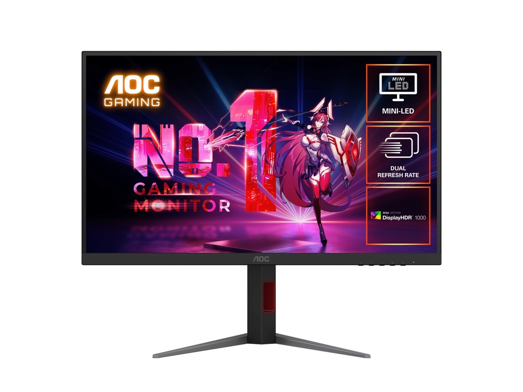 MNAO-U27G4XM AOC 27' Mini-LED Gaming Monitor – 4K@160Hz / FHD@320Hz, 1ms GtG, 1152-zone Mini-LED, VESA mount, 1.07B colors, Delta E<2, HDMI 2.1, DP 1.4, USB hub