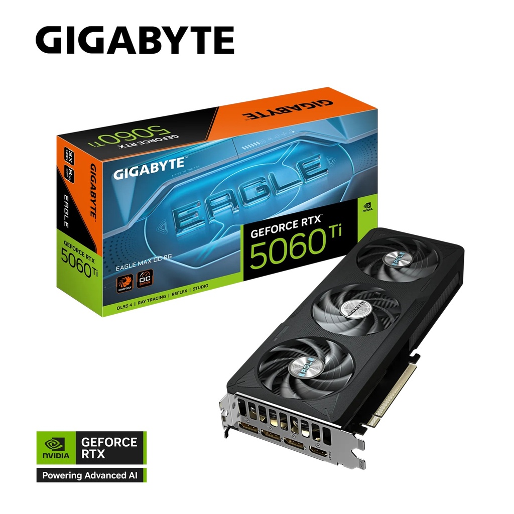 VCG-N506TEAGLEMAXOC-8G Gigabyte GeForce RTX™ 5060 Ti EAGLE MAX OC 8G, 2617 MHz, CUDA 4608, 28 Gbps, GDDR7,128 bit, PCI-E 5.0, PSU 650W, DisplayPort 2.1b *3 HDMI 2.1b *1