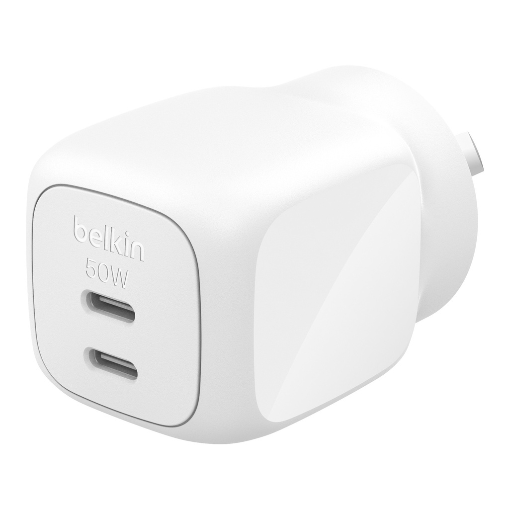 MPA-WCH019AUWH Belkin BoostCharge Pro 50W Dual USB-C GaN Wall Charger - White (WCH019AUWH), Compact Laptop Charger, Travel-Ready, $2500 CEW, 2 Years Warranty