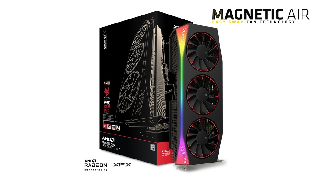 [VCX-RX9070XTOC16GB-MA-BK] VCX-RX9070XTOC16GB-MA-BK XFX Mercury AMD Radeon RX 9070XT OC Magnetic Air Edition with RGB 16GB GDDR6, HDMI 3xDP, AMD RDNA™ 4 (97TMARGB9)