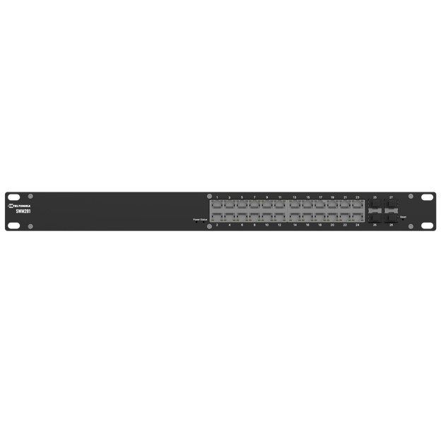 NHT-SWM281 Teltonika SWM281 Gigabit Ethernet managed switch, 24 Gigabit Ethernet with 4 SFP ports, VLAN segmentation, 2-year free RMS, PSU excluded