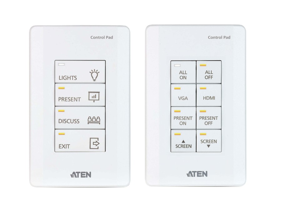 KVA-VK0100-AT Aten 8 Button Control Pad with 1 Gang US wall plate, 2 RS232, 2 relay, 1 Digital I/O and Ethernet connection support, 14 button layouts available