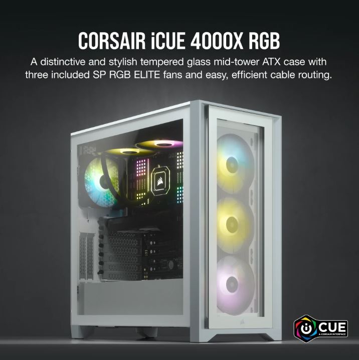 Corsair Carbide Series 4000X RGB E-ATX, ATX, Tempered Glass Front  Side. White,3x 120mm RGB Fans pre-installed. USB 3.0 and Type-C x 1. PCI 7+2, Case