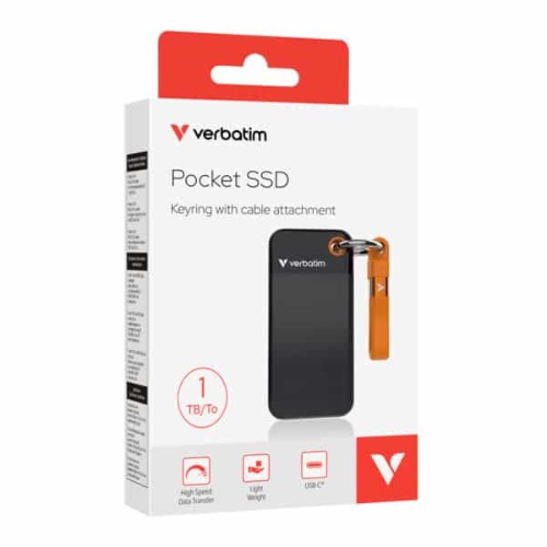 HXV-1TBBKOG Verbatim 1TB Pocket SSD USB 3.2 Gen 2 1TB Black Orange Convenient Keyring cable holder. Compact, Rugged. Ultra Lightweight Performance 58g Portable B