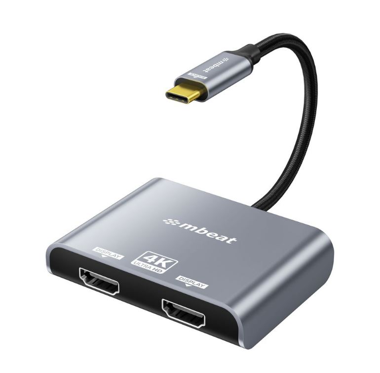 USMB-XAD-C2HDM mbeat® Tough Link USB-C to Dual 4K/60Hz HDMI MST Adapter 4K (3840x2160) @ 60Hz, 4K (3840x2160) @ 30Hz, 2K (2560x1440) @ 60Hz- Space Grey