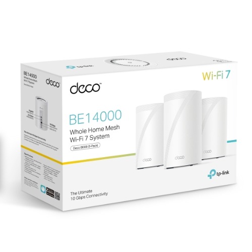 NWTL-DECOBE68-3 TP-Link Deco BE68 BE14000 Tri-Band Whole Home Mesh Wi-Fi 7 System (3-pack) 688 Mbps at 2.4 GHz + 4324 Mbps at 5 GHz + 8647 Mbps at 6 GHz
