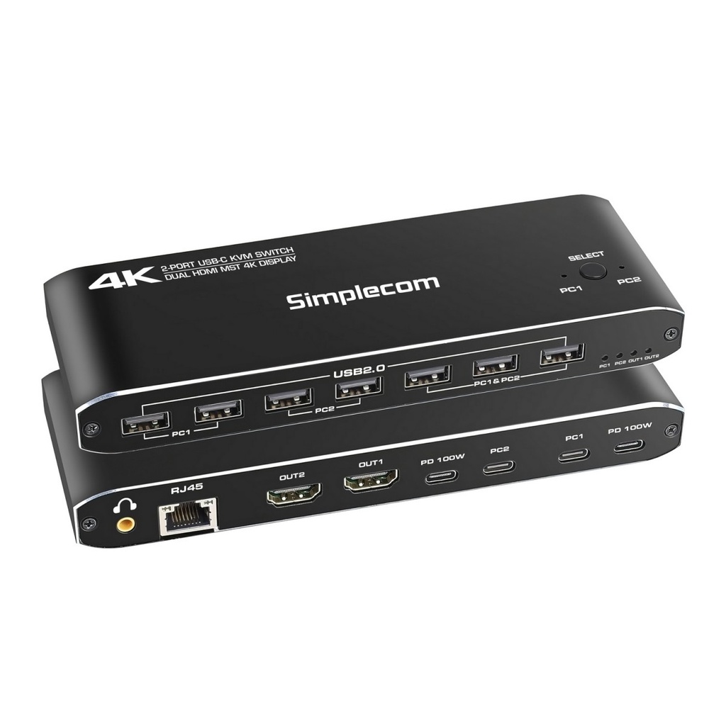 HXSI-KM590 Simplecom KM590 2-Port USB-C Dual 4K HDMI Monitor KVM Switch and Docking Station with Network Sharing