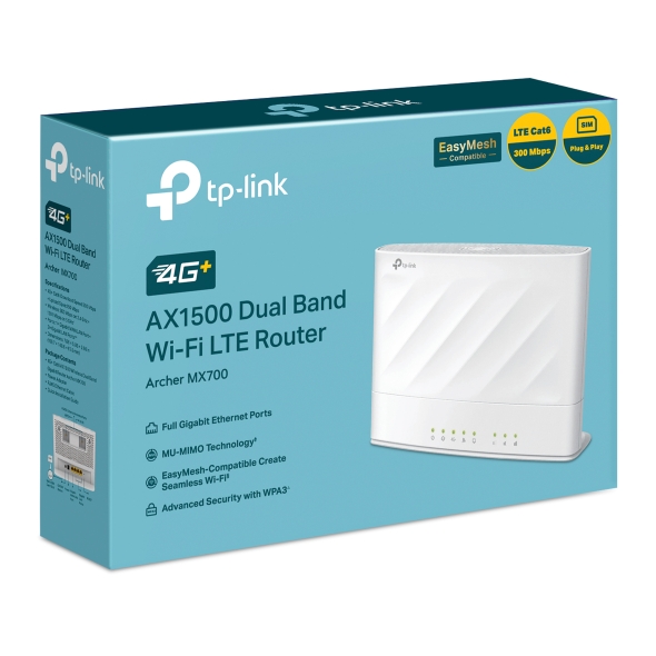 NWTL-ARCHERMX700 TP-Link Archer MX700 4G+ AX1500 Dual Band Wi-Fi LTE Router with Cat6 300 Mbps 4G+, AX1500 dual-band, nano SIM, 1×WAN/LAN + 3×LAN, and external antenna