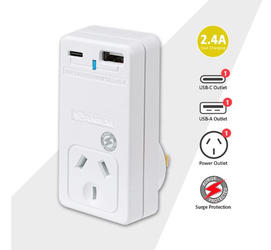 UPSA-PB301USB Sansai USB C + A 2xUSB charging Outlets Power Adaptor 240V 10A Power status indicator Wall Charger