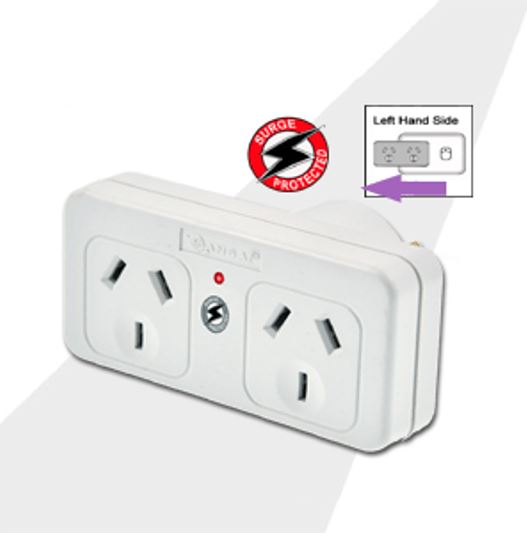 UPSA-PB017LS Sansai Surged Protected Double Adaptor Left Side Active Indicator 10A 240V AC