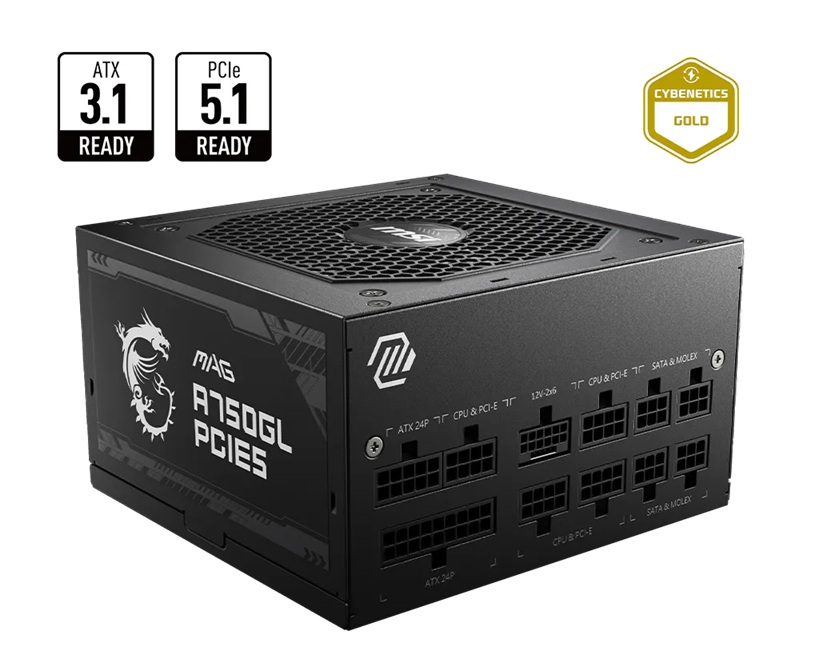 PSM-A750GLPCIE5II-BULK MSI MAG A750GL PCIE5 II Bulk – 750W ATX 3.1, 80+ Gold, full modular, PCIe 5.0 16-pin, 3x PCIe 6+2, 8x SATA, FDB fan, OCP/OVP/OPP/OTP/SCP/UVP, 120mm
