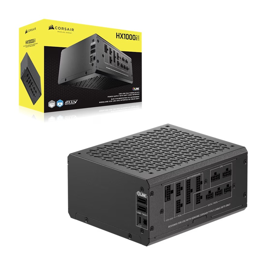 PSCP-HX1000I-SF Corsair HX1000i SHIFT Fully Modular Platinum ATX Power Supply, ATX 3.1, 8x PATA, 2x EPS, 8x SATA, 4x PCIe, DSP, fully modular, 140mm FDB fan, 10yr WTY