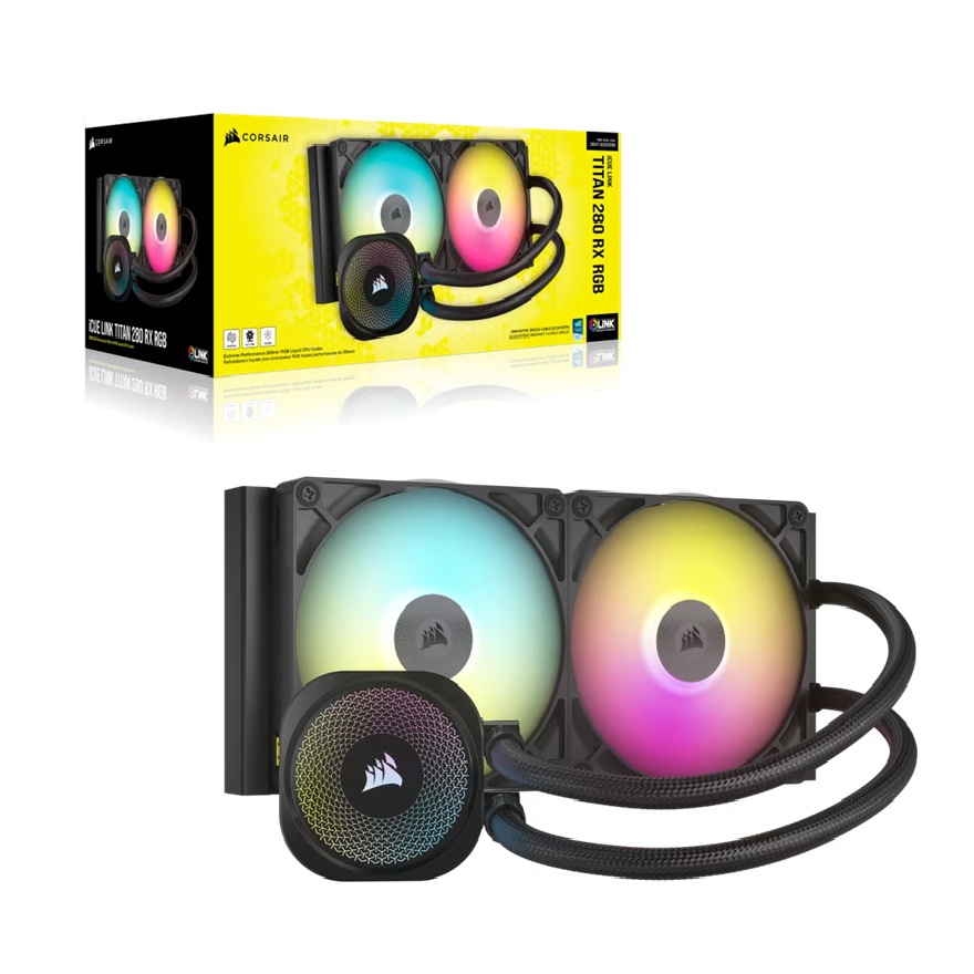 CFCW-TITAN280RXRGB Corsair iCUE LINK TITAN 280 RX RGB AIO Liquid CPU Cooler - Black, 94.7 CFM, 1700 RPM, Aluminum Radiator, Copper Cold Plate, Intel/AMD Support