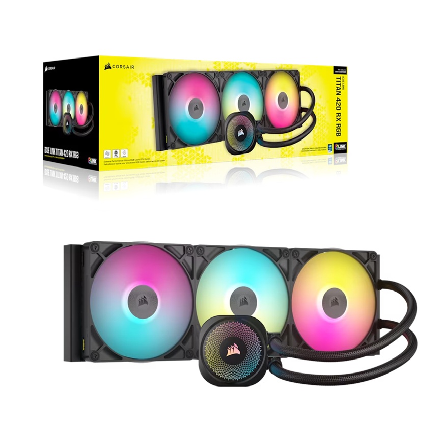 CFCW-TITAN420RXRGB Corsair iCUE LINK TITAN 420 RX RGB AIO Liquid CPU Cooler - Black: 94.7 CFM, 1700 RPM, Aluminum Radiator, Copper Cold Plate, Intel/AMD Support