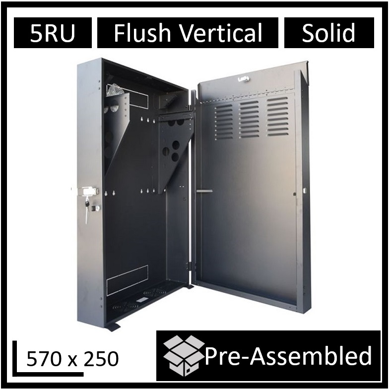 LDR Assembled 5U Flush Wall Mount Vertical Cabinet (570mm x 250mm) - 4U Rack For Gear  2U Mount For Patch Panels - Black Metal Construction