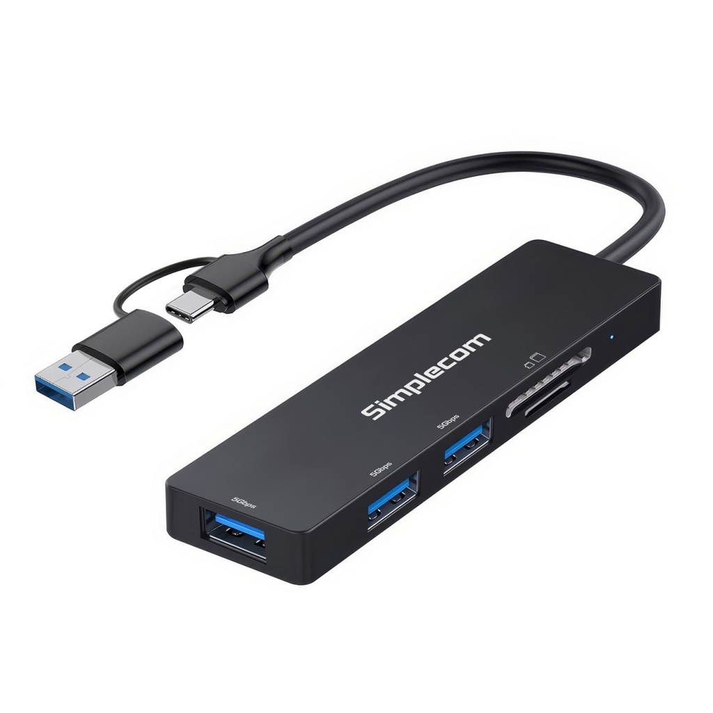 USSI-CH365C Simplecom CH365C SuperSpeed 3-Port USB Hub with SD MicroSD Card Reader USB-A and USB-C Dual Connector