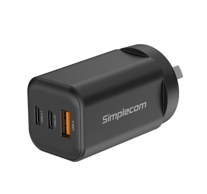 MPSI-CU365 Simplecom CU365 3-Port PD 65W GaN Wall Charger Dual USB-C + USB-A for Phone Laptop