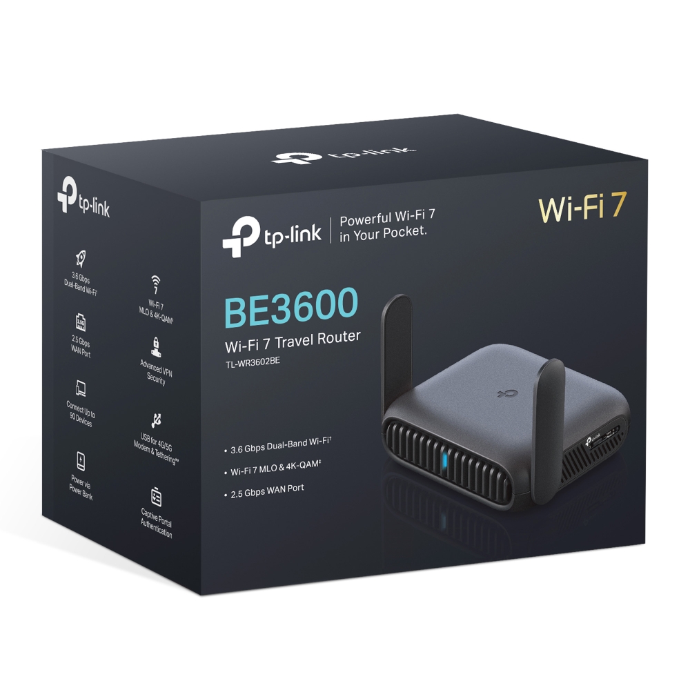 NWTL-WR3602BE TP-Link TL-WR3602BE BE3600 Dual-Band Wi-Fi 7 Portable Travel Router 688 Mbps at 2.4 GHz at + 2882 Mbps at 5GHz, 2.5G Multi-Gig Connectivity