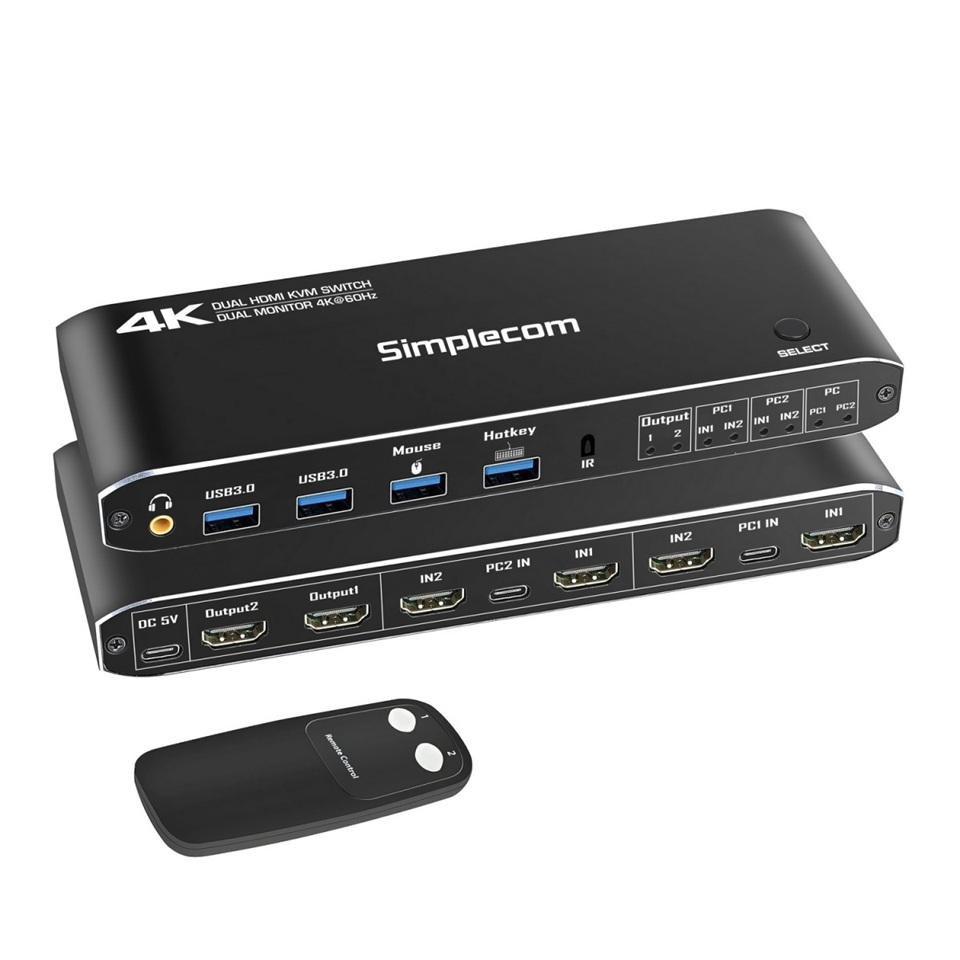 HXSI-KM430 Simplecom KM430 Dual HDMI Monitor KVM Switch for 2 Computers with 4-Port USB Hub 4K@60Hz Keyboard Hotkey