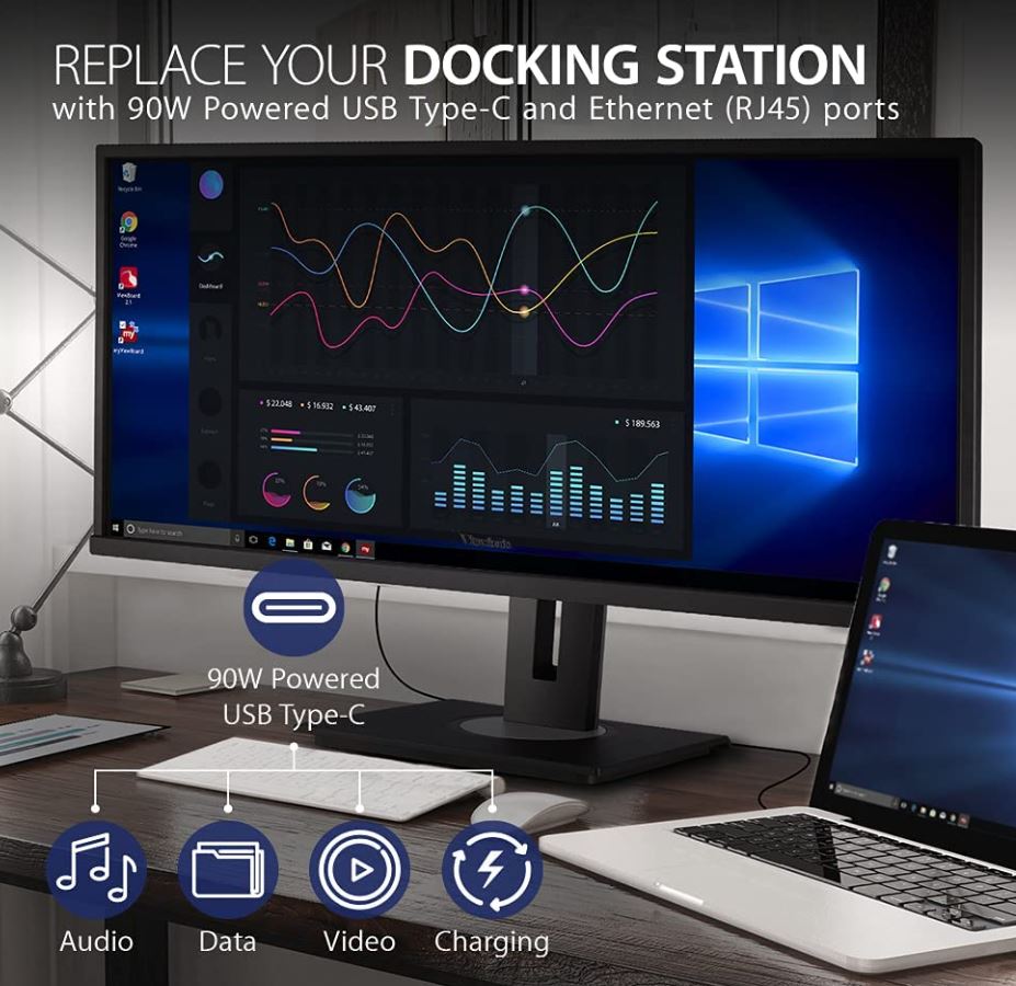 ViewSonic 34" WQHD 3440 x 1440, USB-C Dock, 90w Charger,Ethernet, FreeSync, Speaker, VDisplay, HAS, Superclear VA, VG3456 Business  Education Monitor