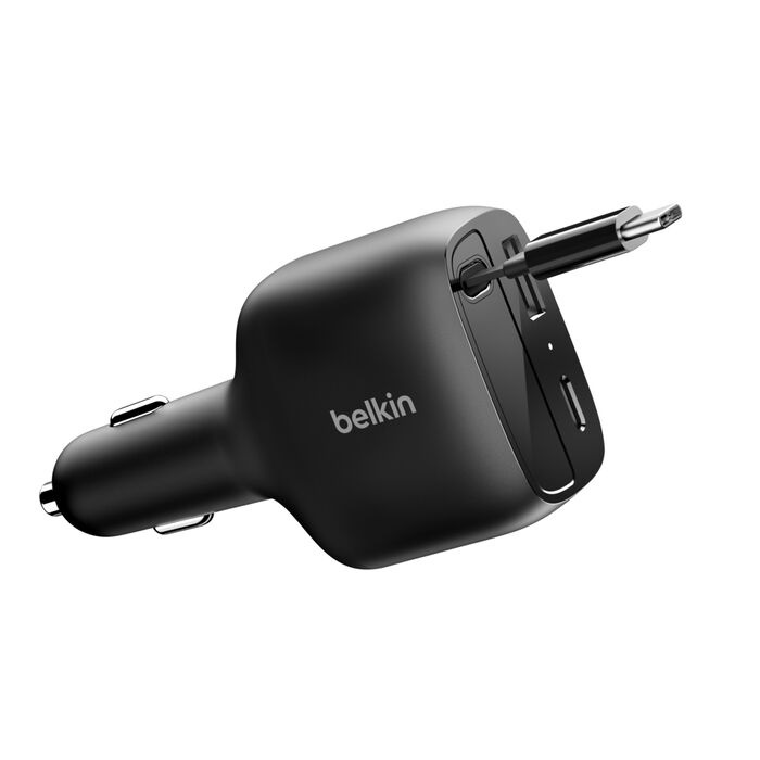 [MPA-CCC001FQBK] MPA-CCC001FQBK Belkin BoostCharge 75W Retractable Car Charger - Black (CCC001fqBK), Retractable Cable (75CM), 1x USB-A, 1x USB-C,$2500 CEW, 2 Years Warranty