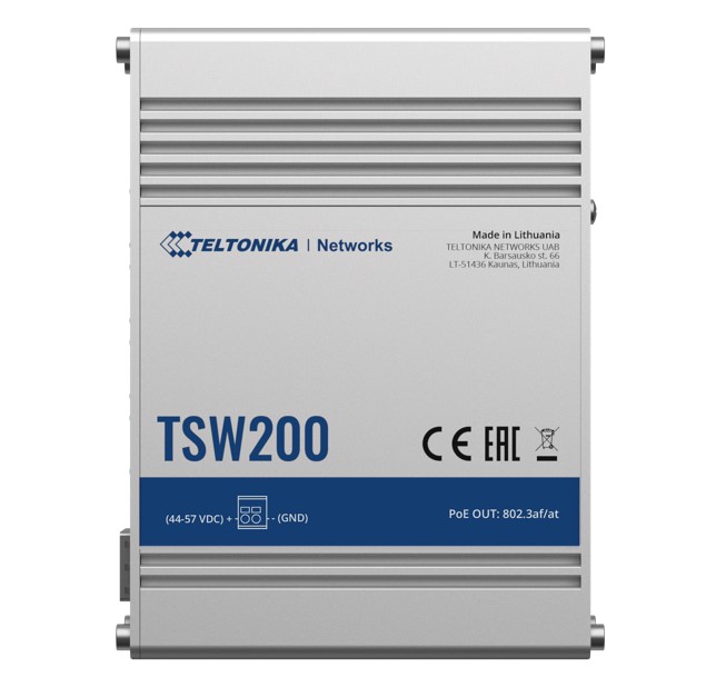 Teltonika TSW200 Industrial PoE+ Ethernet Switch, 2x SFP Ports, 8x PoE+ Ports with speeds up to 1000 Mbps, Power Up to 240 W, PSU excluded