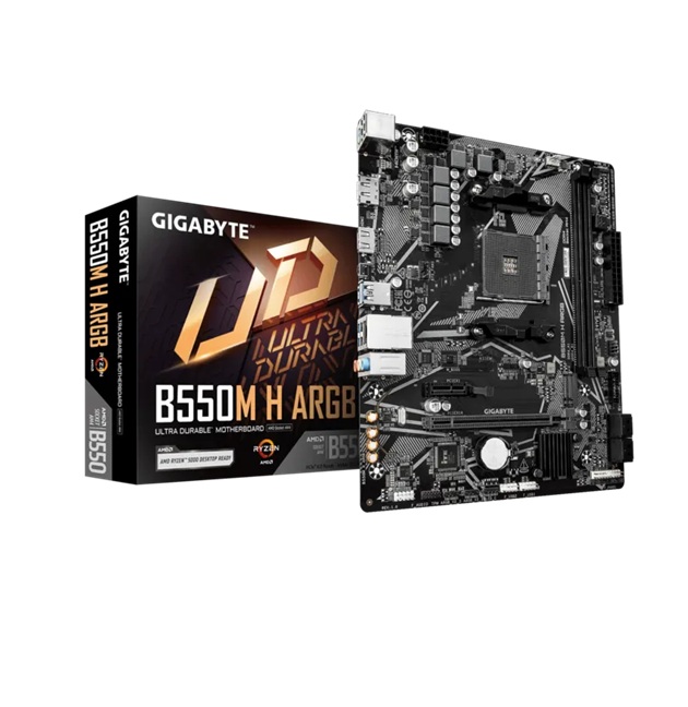 MBG-B550MHARGB Gigabyte B550M H ARGB Micro-ATX AMD B550 motherboard with AM4 support, PCIe 4.0, DDR4 up to 5100MHz OC, HDMI 2.1, DP 1.4, M.2, and Gigabit LAN