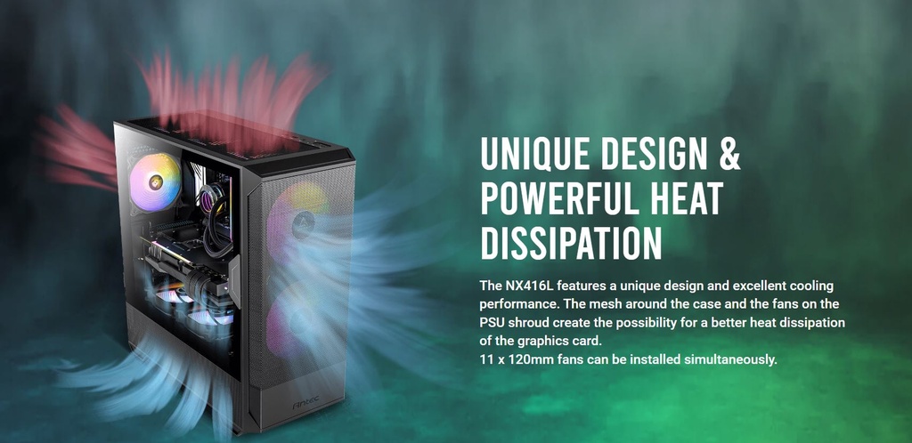 Antec NX416 Mesh ATX. USB-C x1, USB 3.0 x. 2x ARGB 160mm + 1x ARGB 120mm Fans. LED  PWM Controller. SSD Storage, Cable Routing, Black Gaming Case (LS