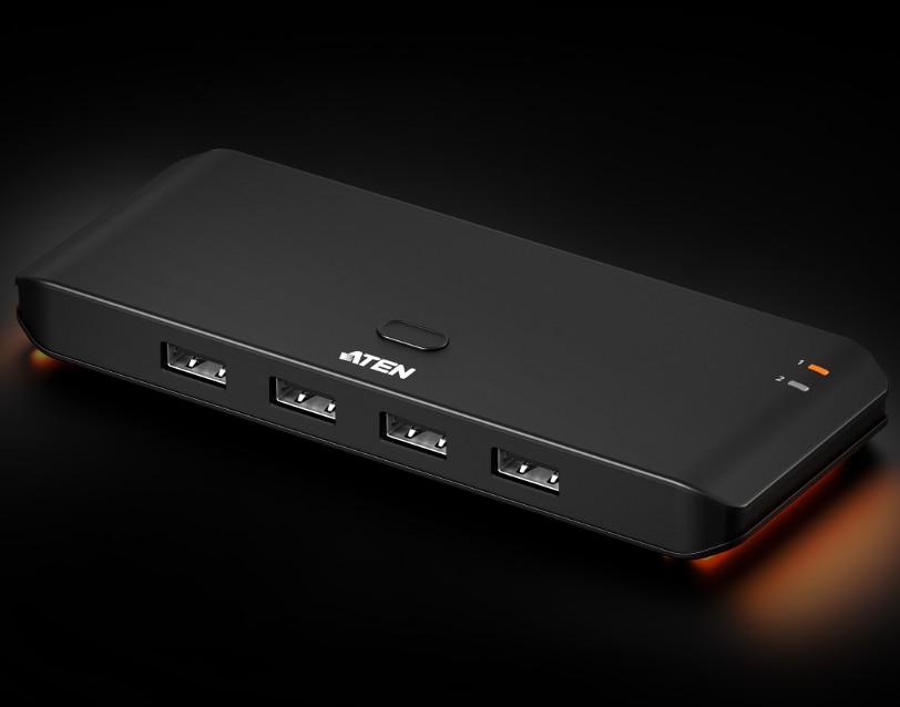 KVA-US4224-AT Aten Essential 2x4 USB 2.0 Sharing Switch, Sharing of four USB peripherals at 480 Mbps between two PCs at a press of the pushbutton.