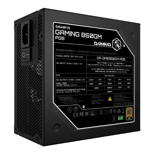 CFGP-GME850GMPG5 GIGABYTE GAMING 850GM PG5 850W 80+ Gold ATX3.1 PCIe5 16pin APFC 90% 135mm FDB 2xEPS 4xPCIe 8xSATA OVP OPP SCP UVP OCP OTP 100k MTBF FM