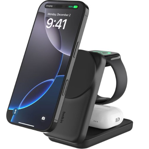 [MPA-WIZ037AUBK] MPA-WIZ037AUBK Belkin UltraCharge 3-in-1 Foldable Magnetic Charger w/ Qi2 (25W) +USB-C Wall Charger(45W)+USB-C Cable(15M)-Black(WIZ037auBK),$2500CEW,2 Years Warranty