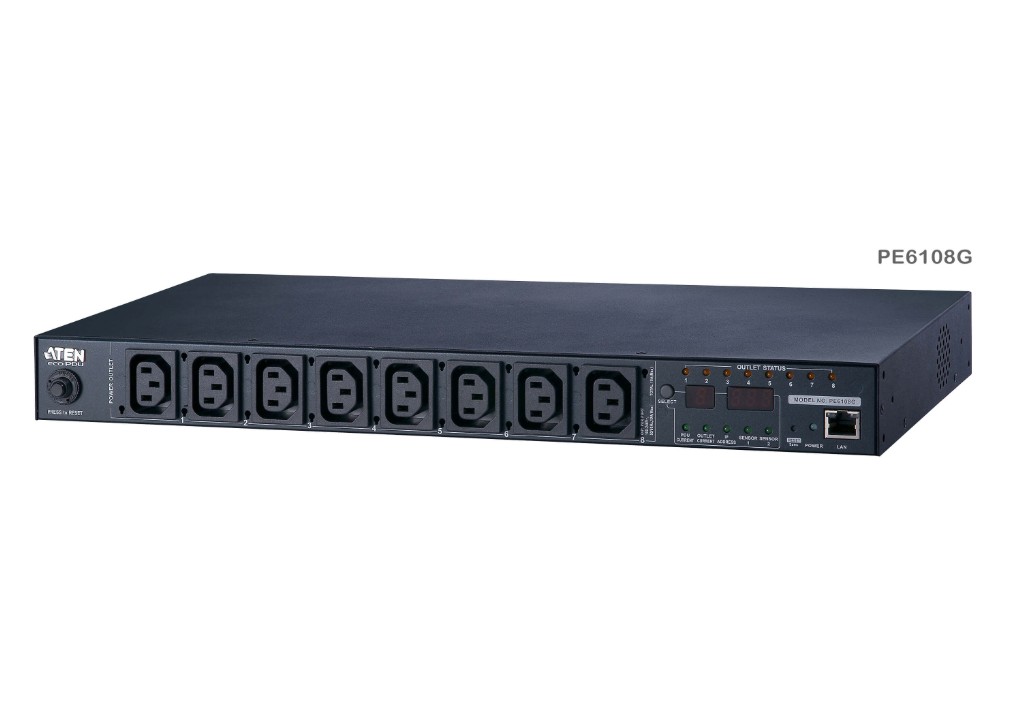 KVA-PE6108G-AU-G Aten 15A/10A 8-Outlet 1U Metered & Switched eco PDU, emote power outlet control (On, Off, Power Cycle) by individual outlets, Green Package