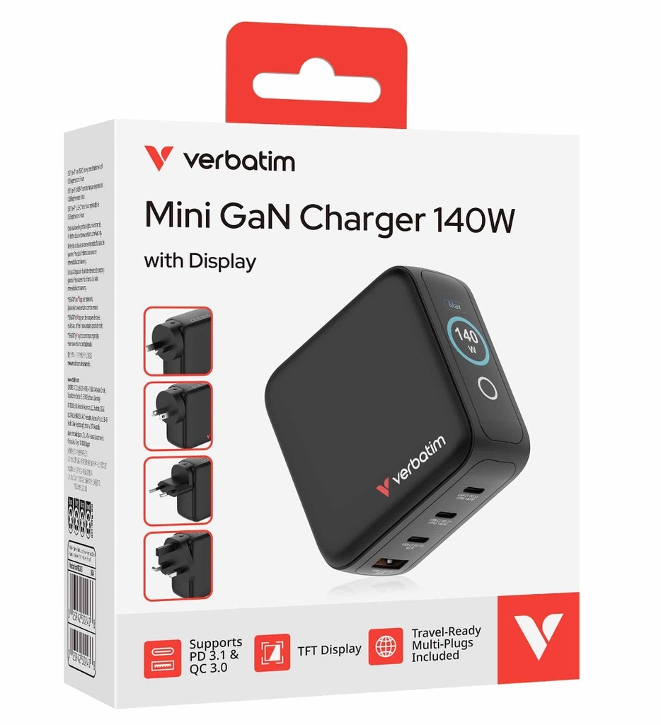 [MPV-30243] MPV-30243 Verbatim Mini GaN Charger 140W with Display  Premium 4-port GaN wall charger with three USB-C® and one USB-A port