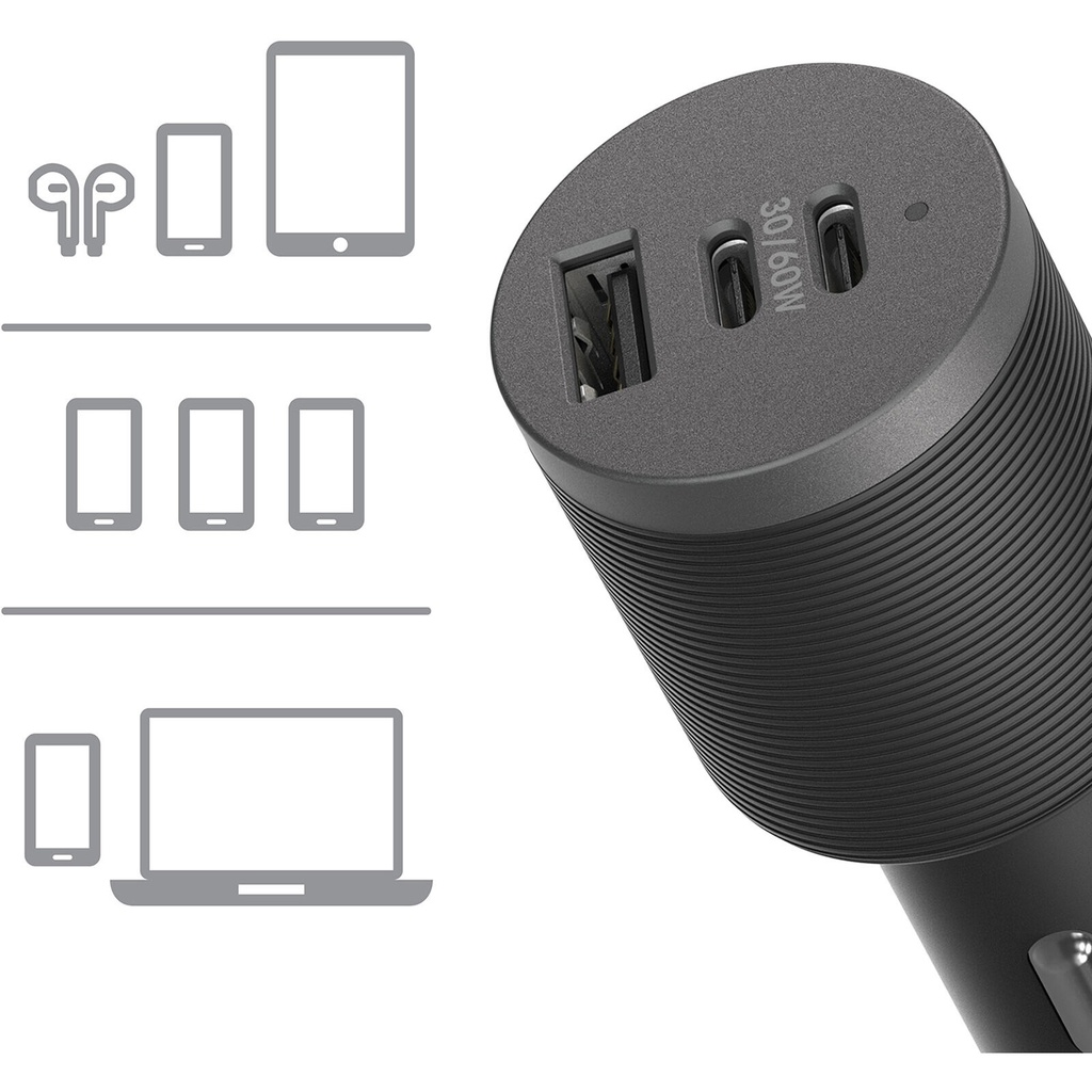 OtterBox USB-C 72W Triple Port Premium Pro Fast Car Charger - Black (78-80899), 1x USB-A (12W), 2x USB-C 30W(60W Shared), Intelligent,2 Years Warranty
