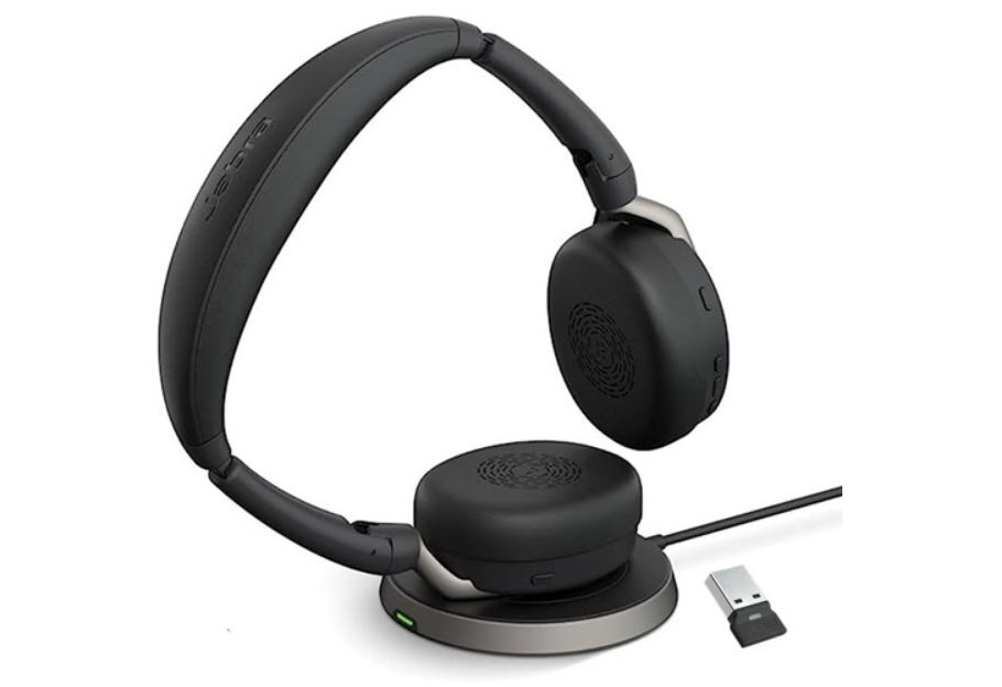 Jabra Evolve2 65 Flex MS Stereo Bluetooth Headset, Link380c USB-C Dongle  Wireless Charging Stand Included, Foldable Design, 2Yr Warranty, ANC
