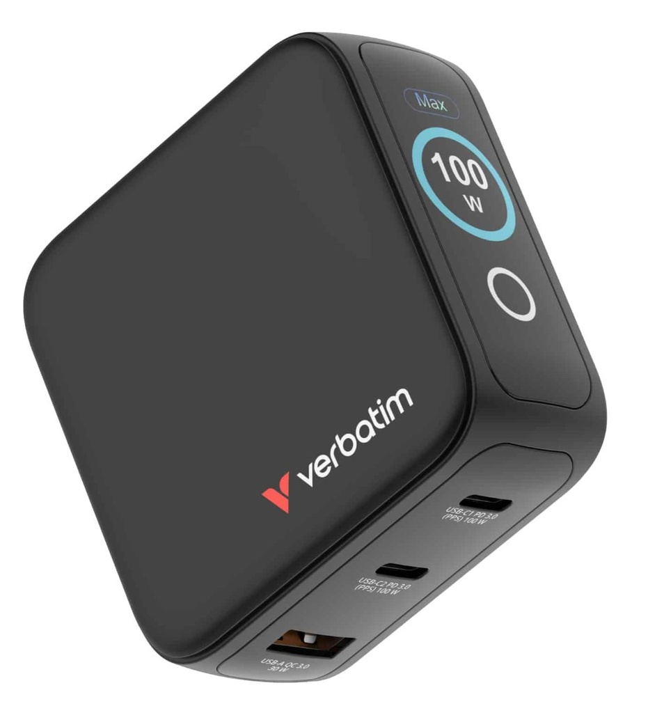 [MPV-30242] MPV-30242 Verbatim Mini GaN Charger 100W with Display  Compact 3-port wall charger with USB-C® Power Delivery and Quick Charge 3.0