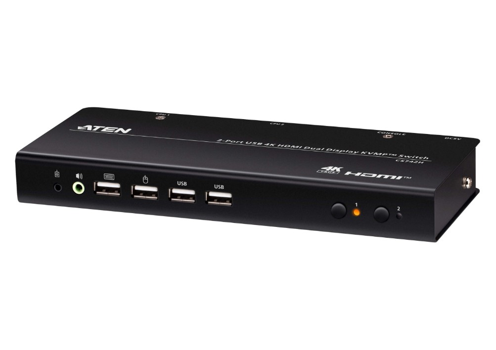 KVA-CS742H-AT-U Aten Desktop 2-Port USB 4K HDMI Dual-Display KVMP™ Switch, up to 4096 x 2160 @ 60 Hz, Video DynaSync™, (Cables included)