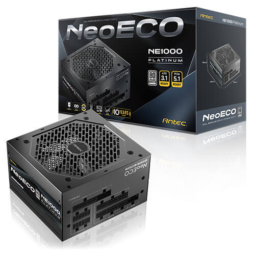 PSA-NE1000P Antec NE1000P AU, 1000W, 80 PLUS Platinum, ATX 3.1, PCIe 5.1 (12V-2x6), Full Modular, Active PFC, 120mm FDB Fan, 10Y Warranty