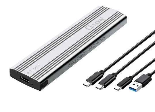 NAO-UM-311S Oxhorn  USB C 3.2 Gen 2 M.2 NVMe NGFF Enclosure 10 Gbps B+M Key M.2 NVMe SSD up to 4TB 2280/2260/2242/2230 Aluminum Macs Windows USB-A Silver 2 YR WTY