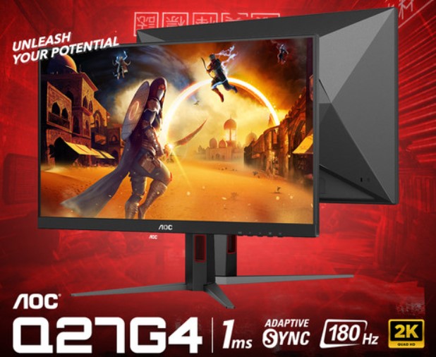 AOC 27" IPS 180Hz, 1ms, QHD 2560 x 1440, 350 cd/m2, HDR 400, HDMI 2.0 x 1, DP 1.4 x 1, Adaptive Sync, VESA 100, HAS,  Gaming Monitor