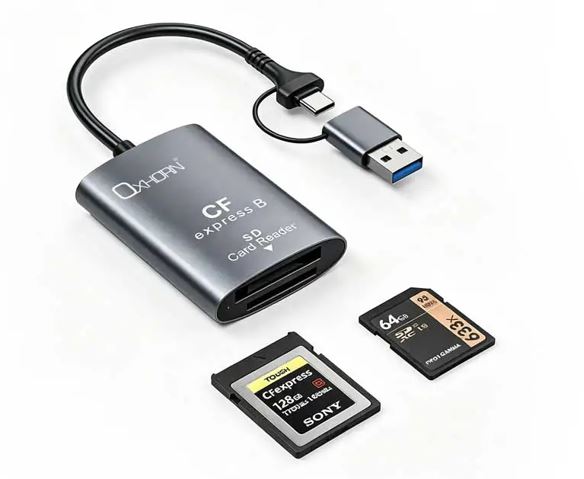 CBO-AD-CR322 Oxhorn USB 3.2 Gen 2 10Gbps CF Express B and SD Card-reader Aluminum USB-C 3.2 USB-A 3.2 lightweight Plug-and-play Silver
