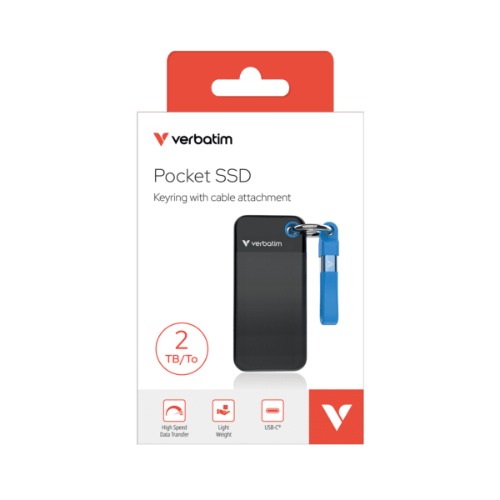 HXV-2TBBKBL Verbatim 2TB Pocket SSD USB 3.2 Gen 2 2TB Black/Blue, Convenient keyring and cable holder keeps your cable neat and tangle-free