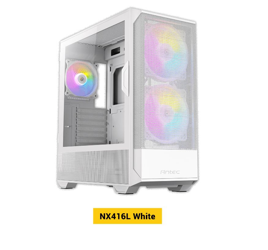 Antec NX416 Mesh White ATX. USB-C x1, USB 3.0 x. 2x ARGB 160mm + 1x ARGB 120mm Fans. LED  PWM Controller. SSD Storage, Cable Routing, Gaming Case